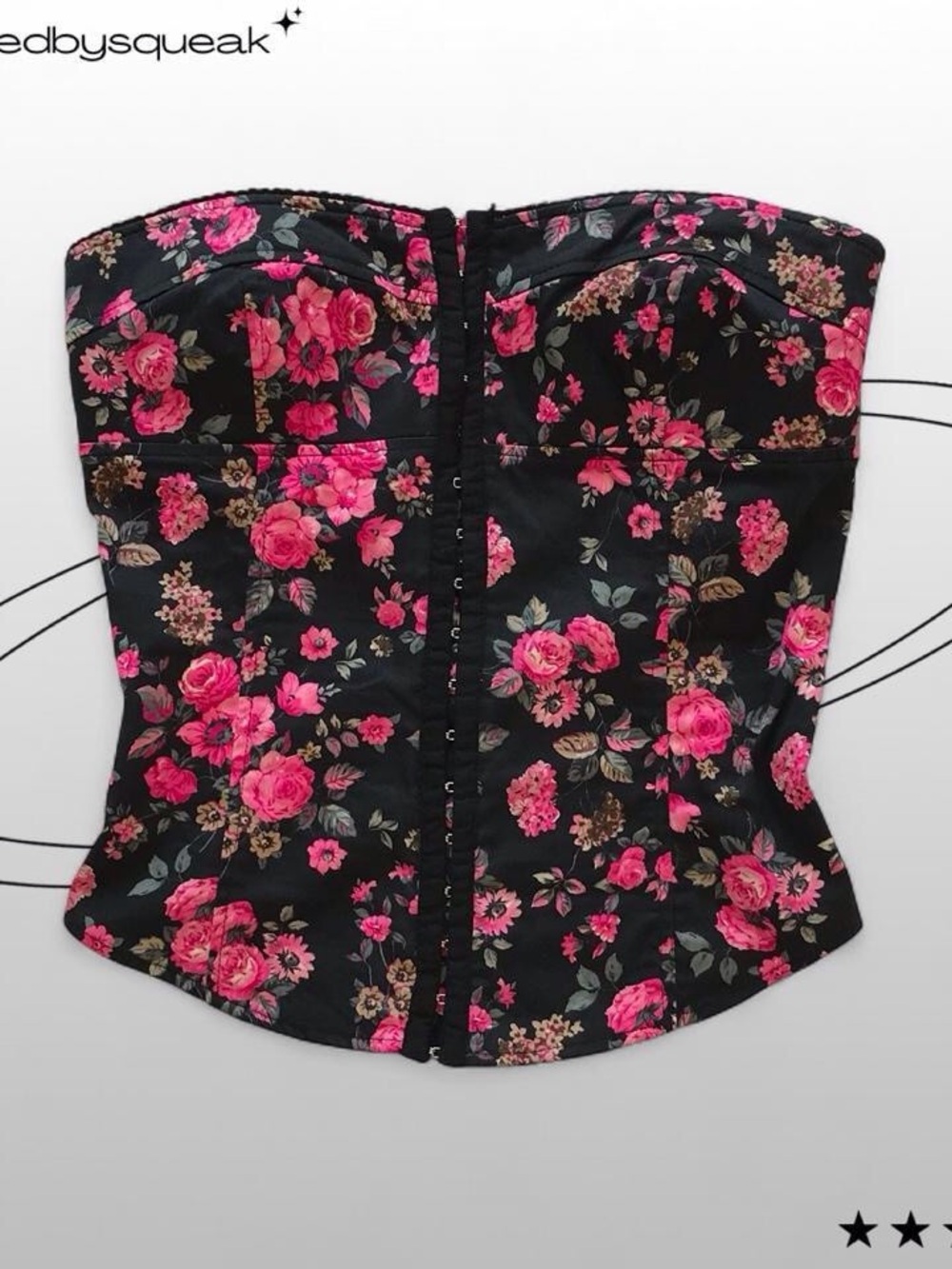 Y2K TRF Zara Black Pink Floral Strapless Corset Top Small 2000 Boho Indie Tumblr